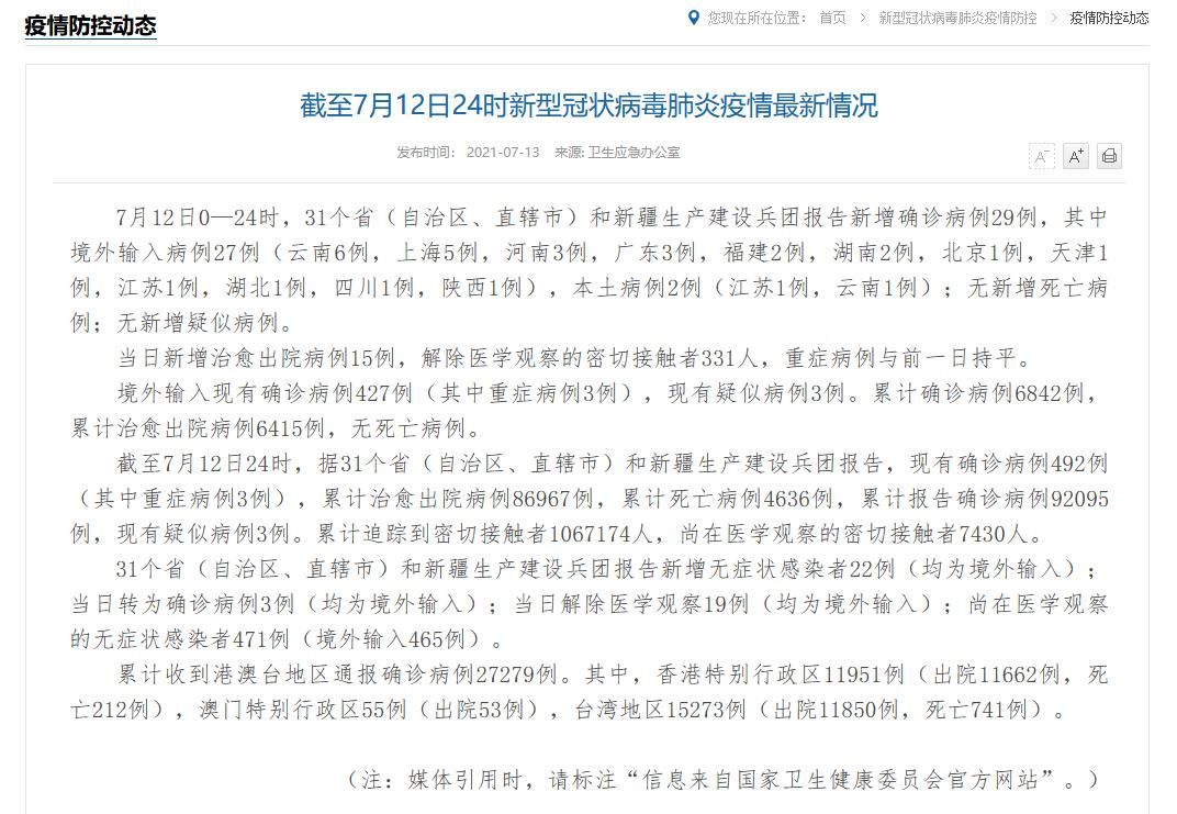  31省市新增确诊2例含本土29例:31省区市新增2例确诊病例